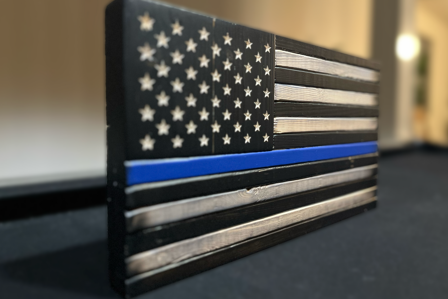 Thin Blue Line Distressed Wood Carved Subdued American Flag