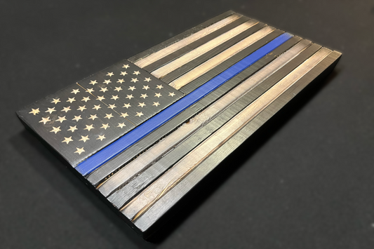 Thin Blue Line Distressed Wood Carved Subdued American Flag