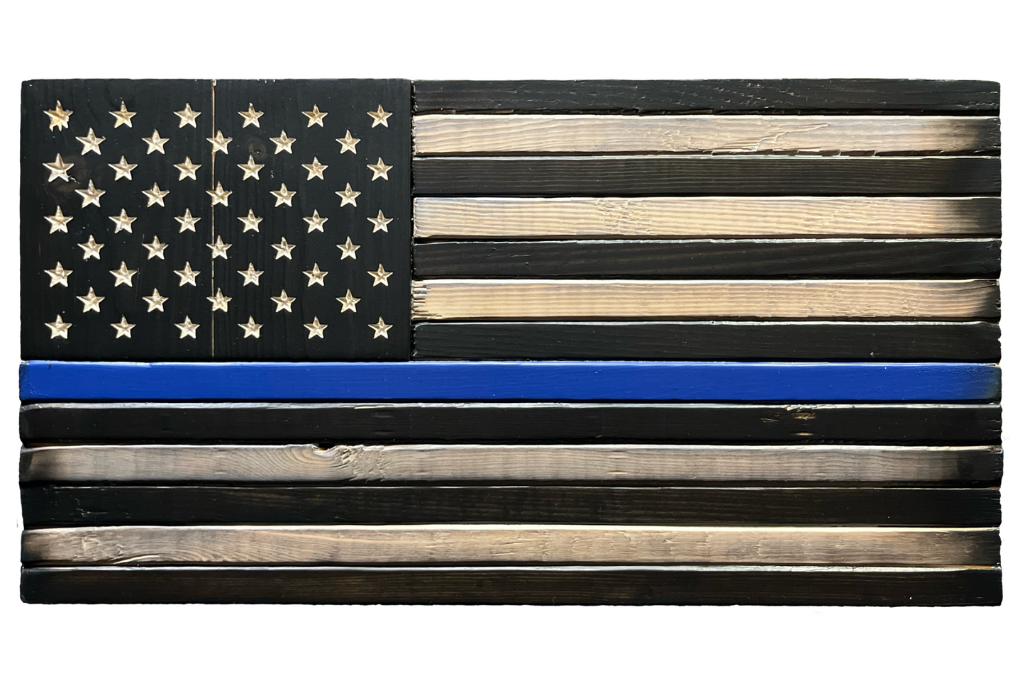 Thin Blue Line Distressed Wood Carved Subdued American Flag