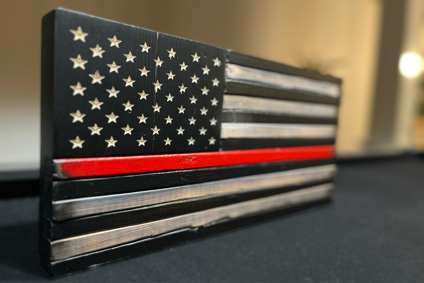 Thin Red Line Distressed Wood Carved Subdued American Flag