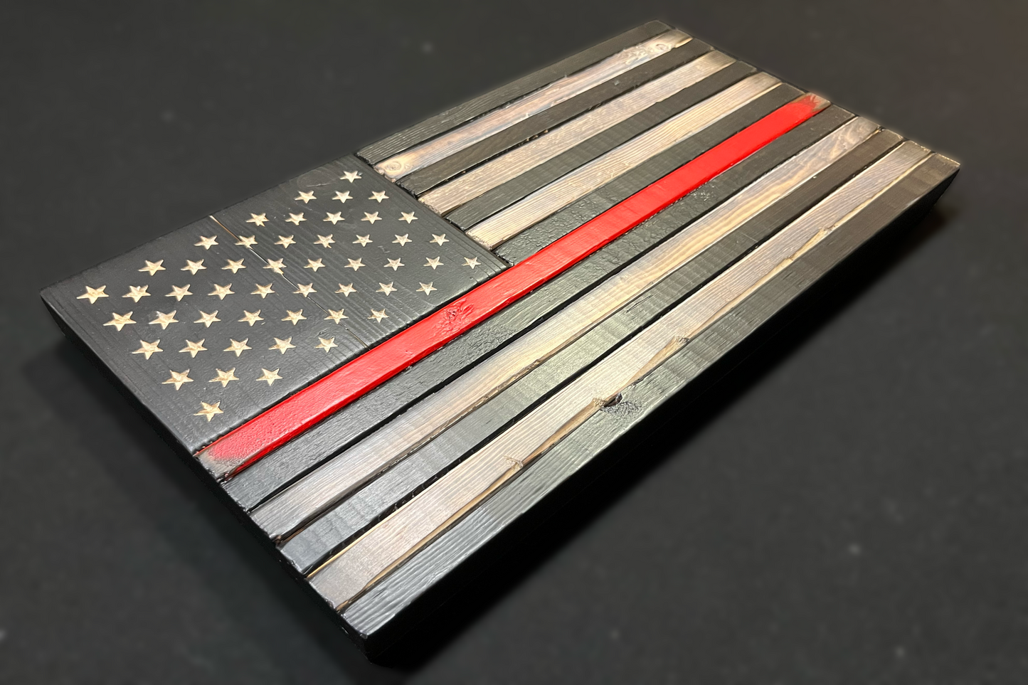 Thin Red Line Distressed Wood Carved Subdued American Flag